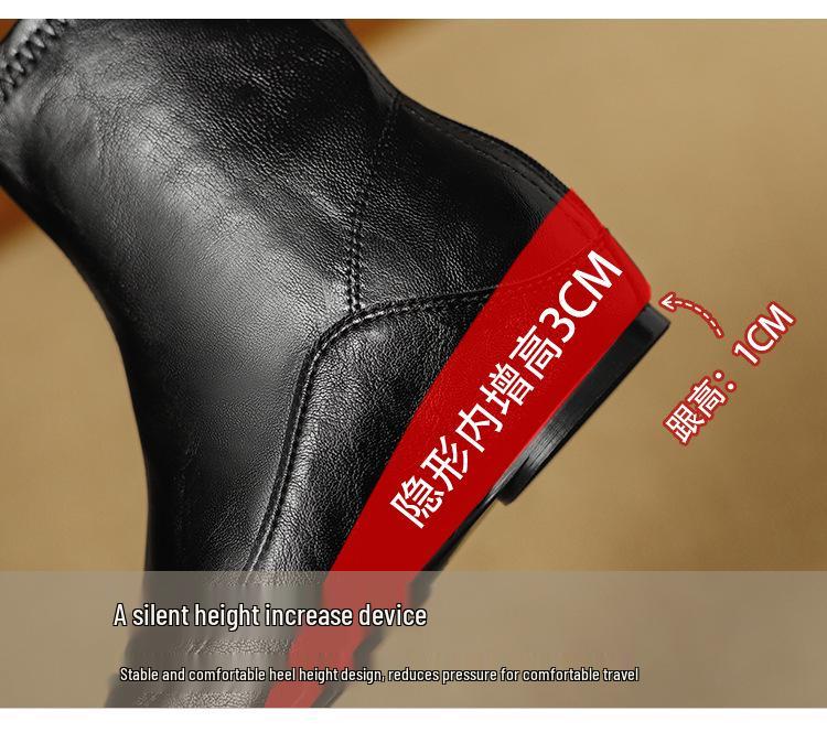 French Stretch Slimming Boots: Autumn/Winter Fleece-lined, Retro Style, Soft Leather, Inner Height Increase, Back Zipper Short Boots