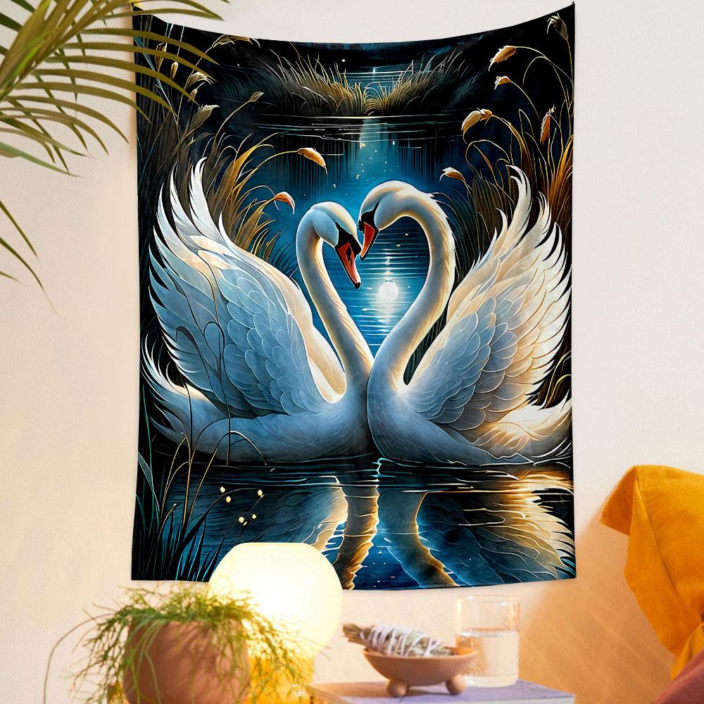"Romantic Swans in Moonlit Lake Scene" Patterned tapestry home decor, suitable for bedroom and living room, gift