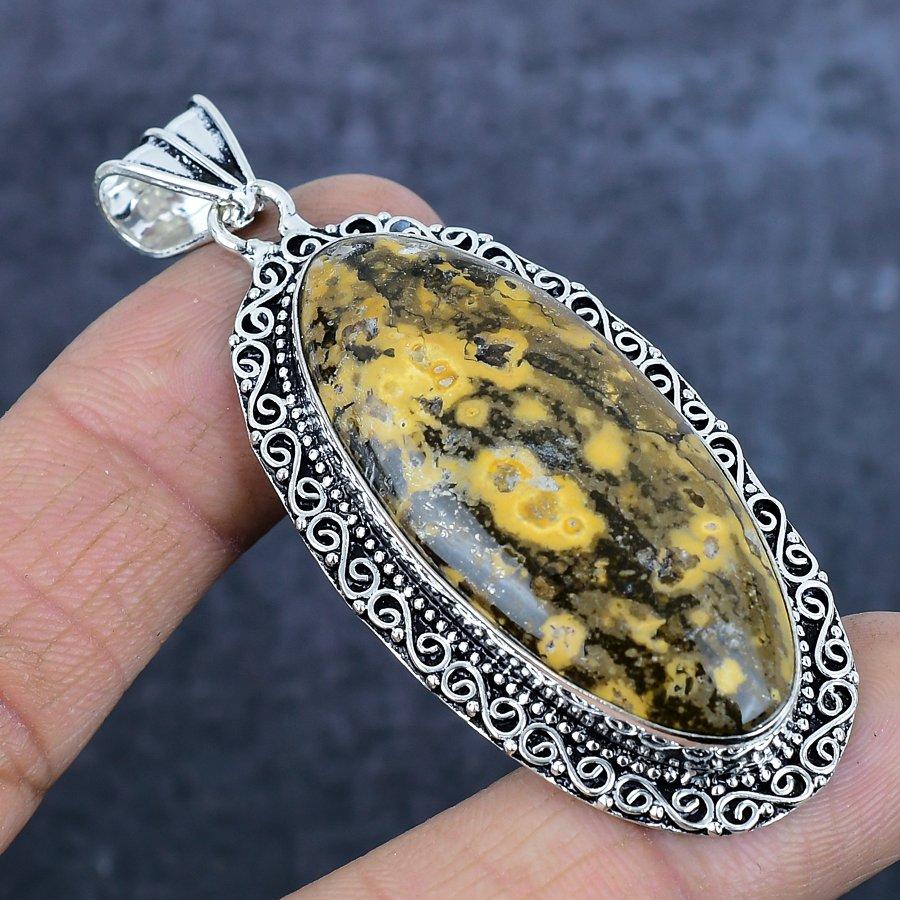 Natural Ocean Jasper Gemstone 925 Sterling Silver Jewelry Pendant 2.84" k0y21
