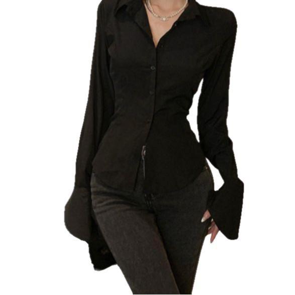 Damska bluzka z francuskimi dzwonkowymi rękawami i wiązaniem - Wyszczuplająca talię, cienki krój, idealna na wiosnę i jesień.