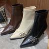 Soft Leather Pointed Middle Heel Boots Women's Autumn and Winter New High-end Thin Heel Boots Belt Buckle Elastic Fleece Thin Boots