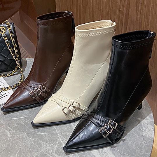 Soft Leather Pointed Middle Heel Boots Women's Autumn and Winter New High-end Thin Heel Boots Belt Buckle Elastic Fleece Thin Boots