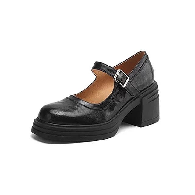6,5 cm Retro-Rundkopf-Lichtmaul weiches Leder dicke Sohle High Heel Mary Jane Schuhe Damen Dickabsatz schwarzer Ein-Wort-Riemen Einzelne Schuhe