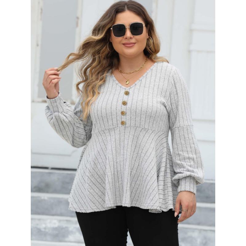 Women S Plus Size Fall Winter Knit Top Lantern Sleeve Button Decorated Pullover Sweater