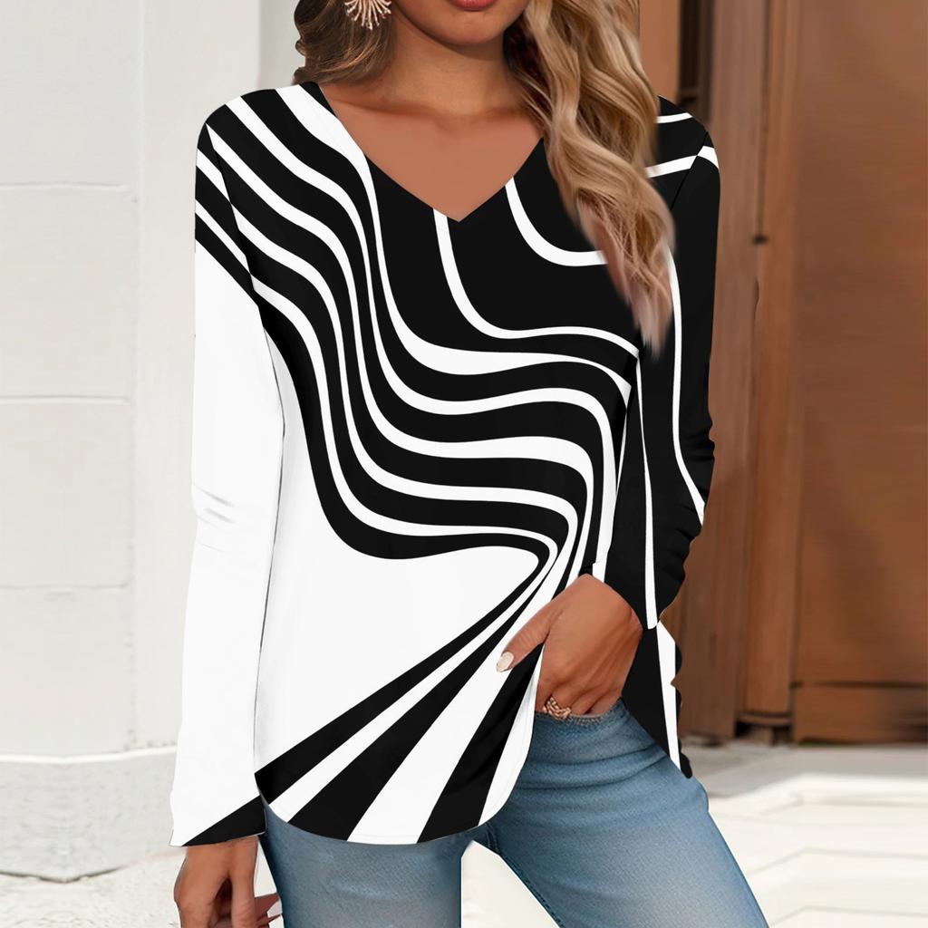 Women's T Shirt Tee Print Long Sleeve Daily Weekend Daily Basic V Neck Regular  Fall Winter Tops