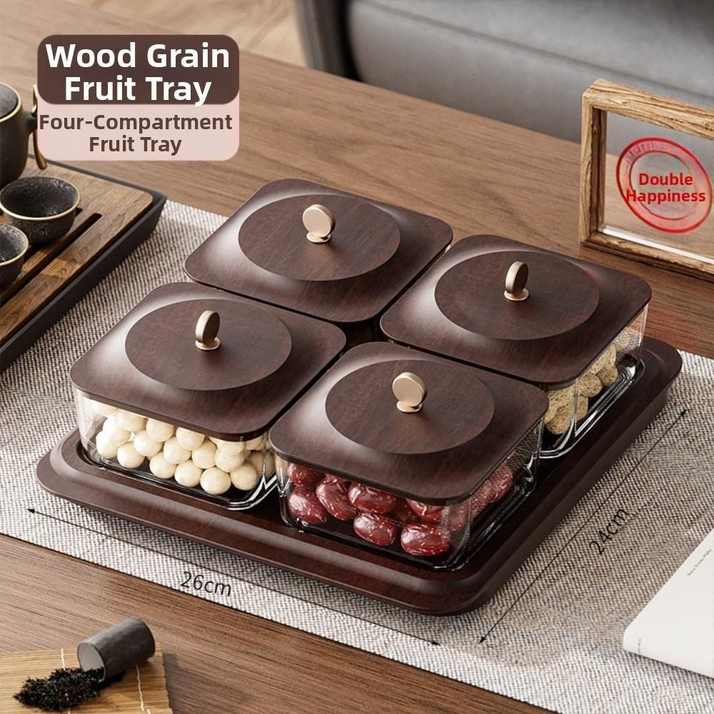 Wood Grain Snack Storage Box with Tray & Lid 2/4 Jars Coffee Table Dessert Plate Square Dustproof Nuts Candy Fruits Organizer
