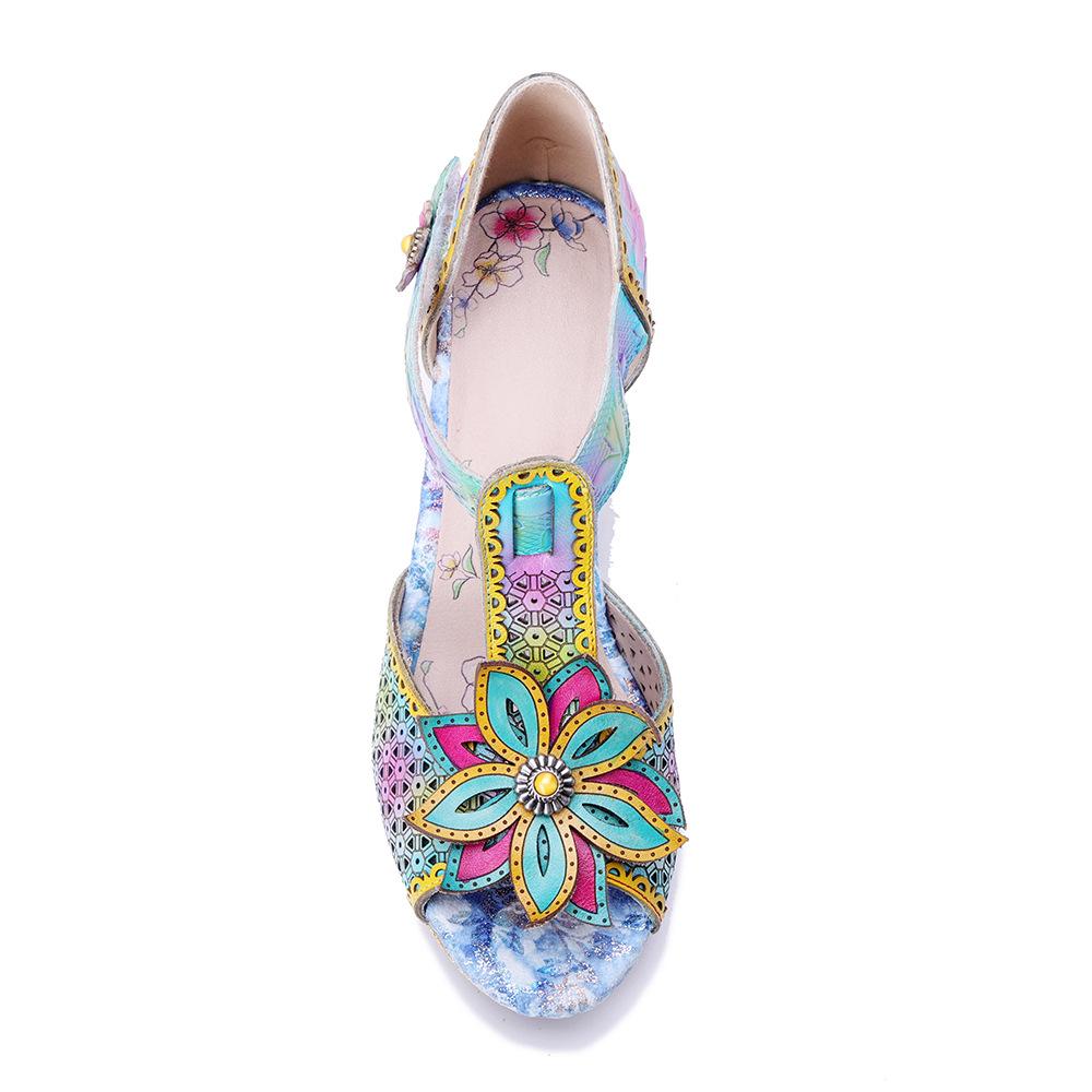 Johnature Genuine Leather Vintage Baroque Style Carved And Painted Floral Comfortable High-heeled Sandals