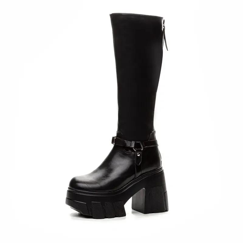 

11CM Microfiber Women Boots Leather Ankle Spring ZIP Synthetic Autumn Platform Wedge Knee High Fashion British Boots Women Shoes 40 чорний