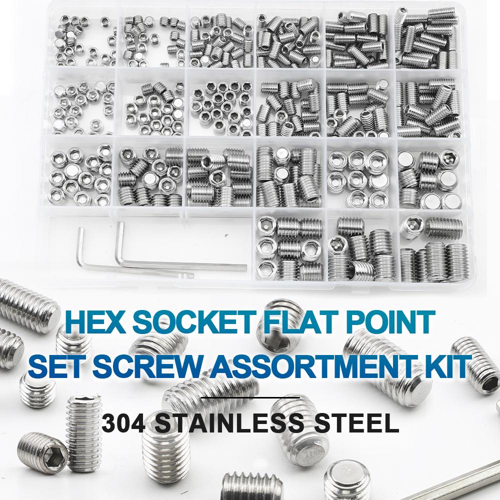 NINDEJIN Hex Socket Set Screw Kit Cup Point Carbon Steel Stainless Steel Flat Point Headless Grub Screw Assortment Kit