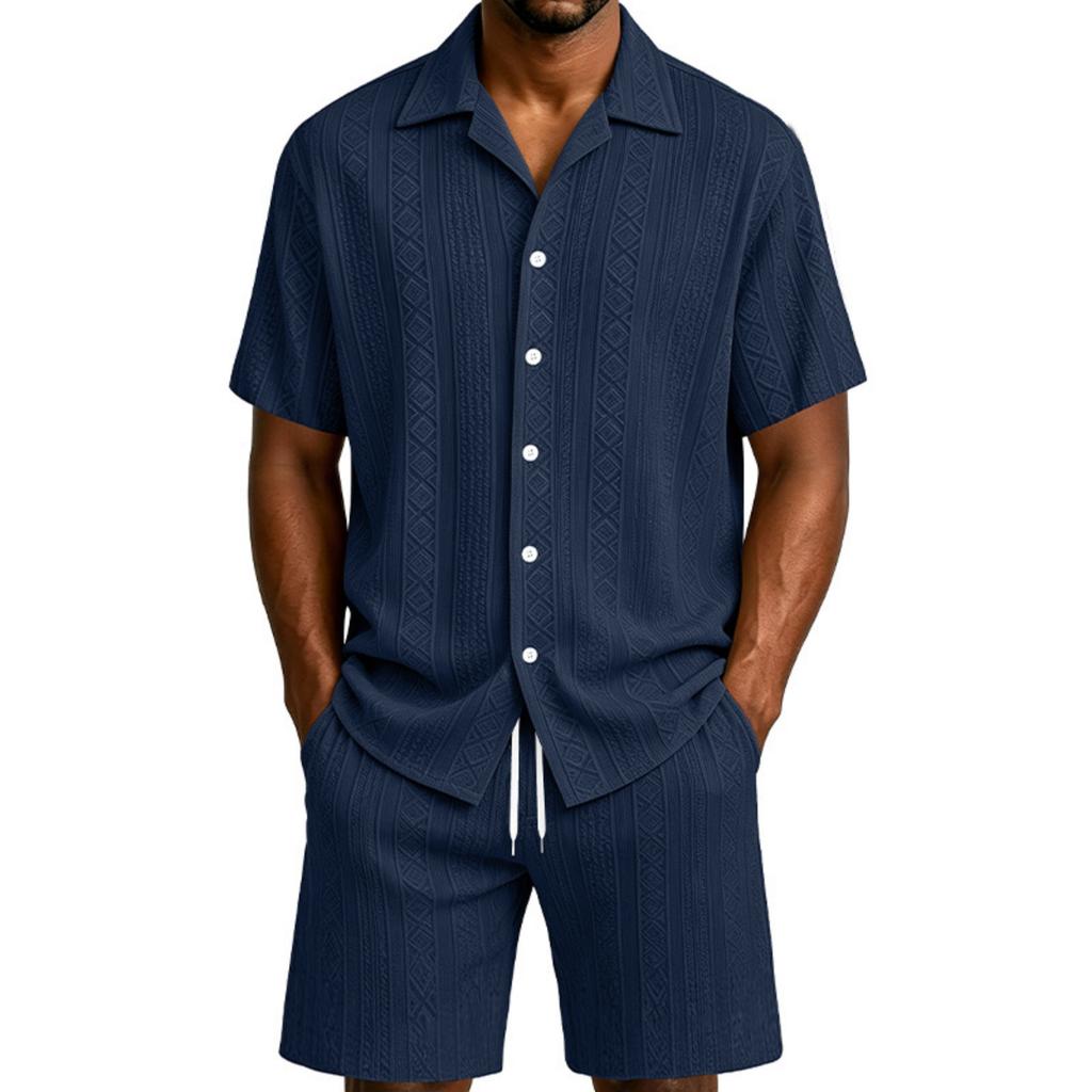 Completo Casual da Uomo a Maniche Corte con Bottoni e Pantaloncini Leggero Traspirante Due Pezzi Adatto per Attività Estive all'Aperto e Tempo Libero