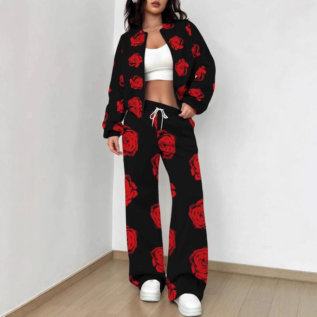 Retro Pattern Autumn and Winter New European and American Women's Clothing Rose Printing Suit Women