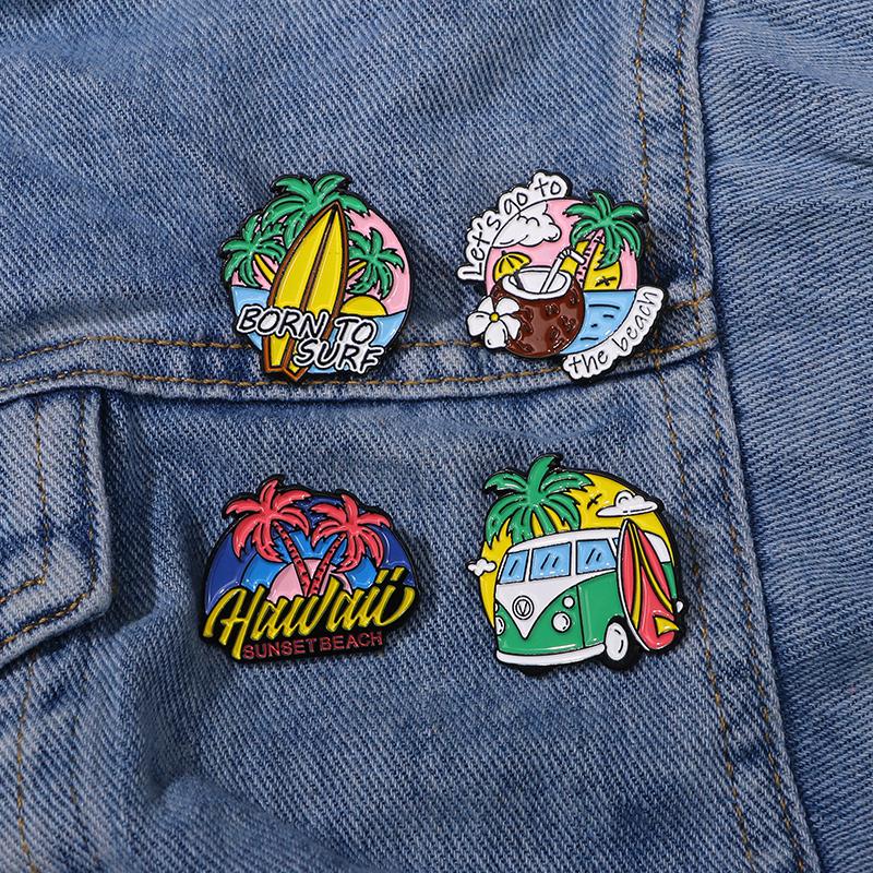 Let's Go To Beach Enamel Pins Born To Surf Coconut Tree Hawaii Sunset Brooches