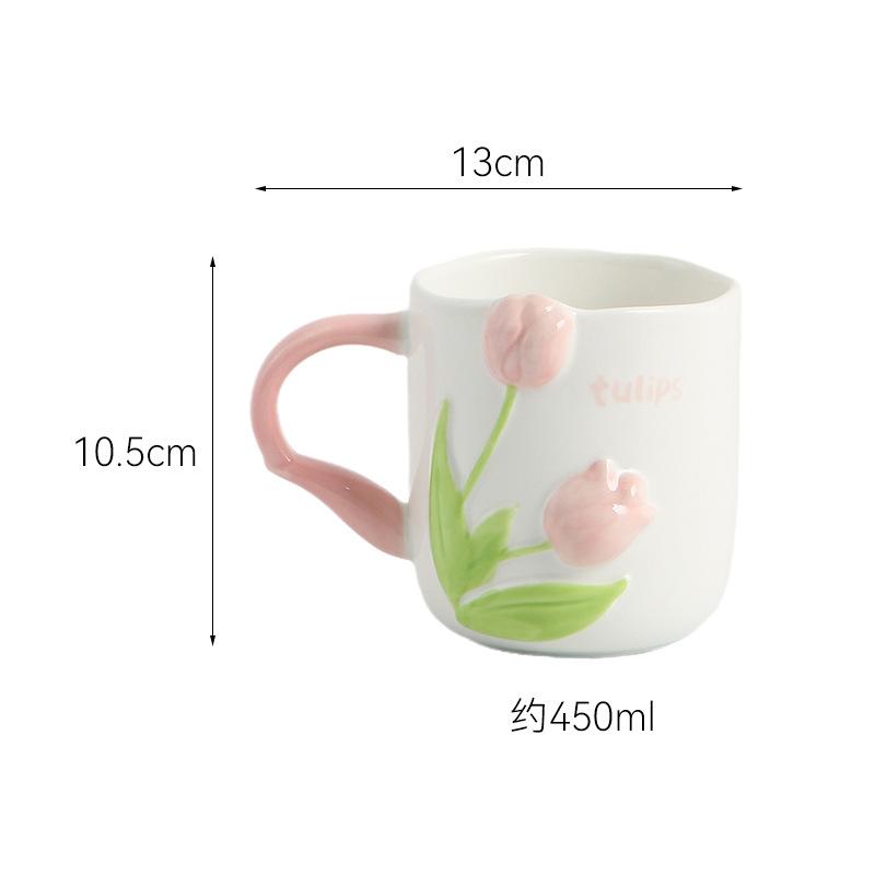 450ML Tulip Ceramic Cup Three-dimensional Embossed Flower Coffee Mug Afternoon Camellia Flower Tea Cup Home Breakfast Milk Mug