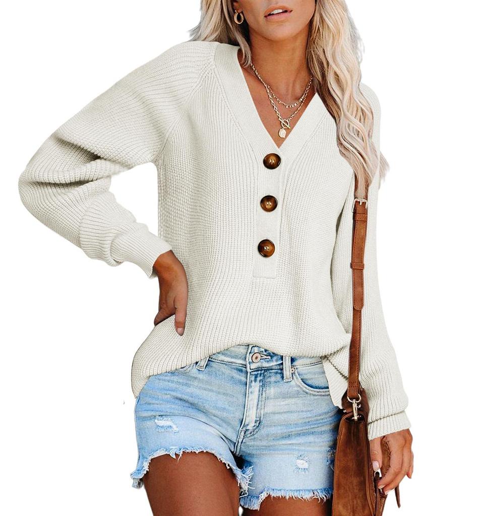 Autumn Winter Women's Button Front Knitted Pullover V Neck Sweater Long Sleeved Knitwear Luxurious Relaxed-fit Slimming and Versatile Top