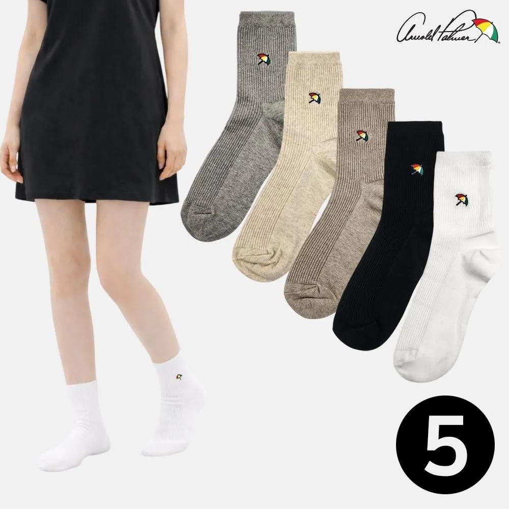 Arnold Palmer Women's Class A Ribbed Mid-Length Socks 5 Pairs Comfortable Ankle Socks White Gray Black Made in Korea