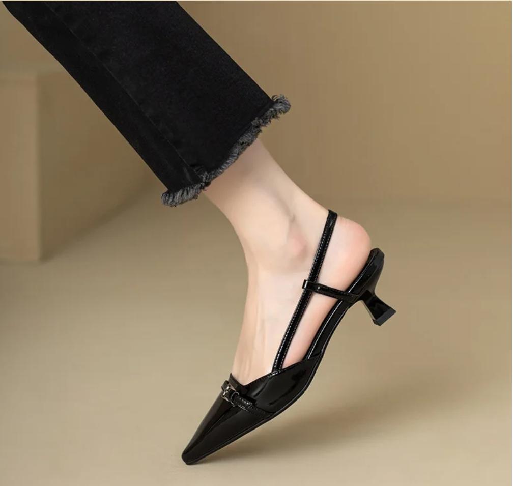 Fashion 2024 New Summer French Wine Red Pointed Patent Leather Mid-heel Overhead Sandals for Women Retro Skinny Heel Back Empty Shoes