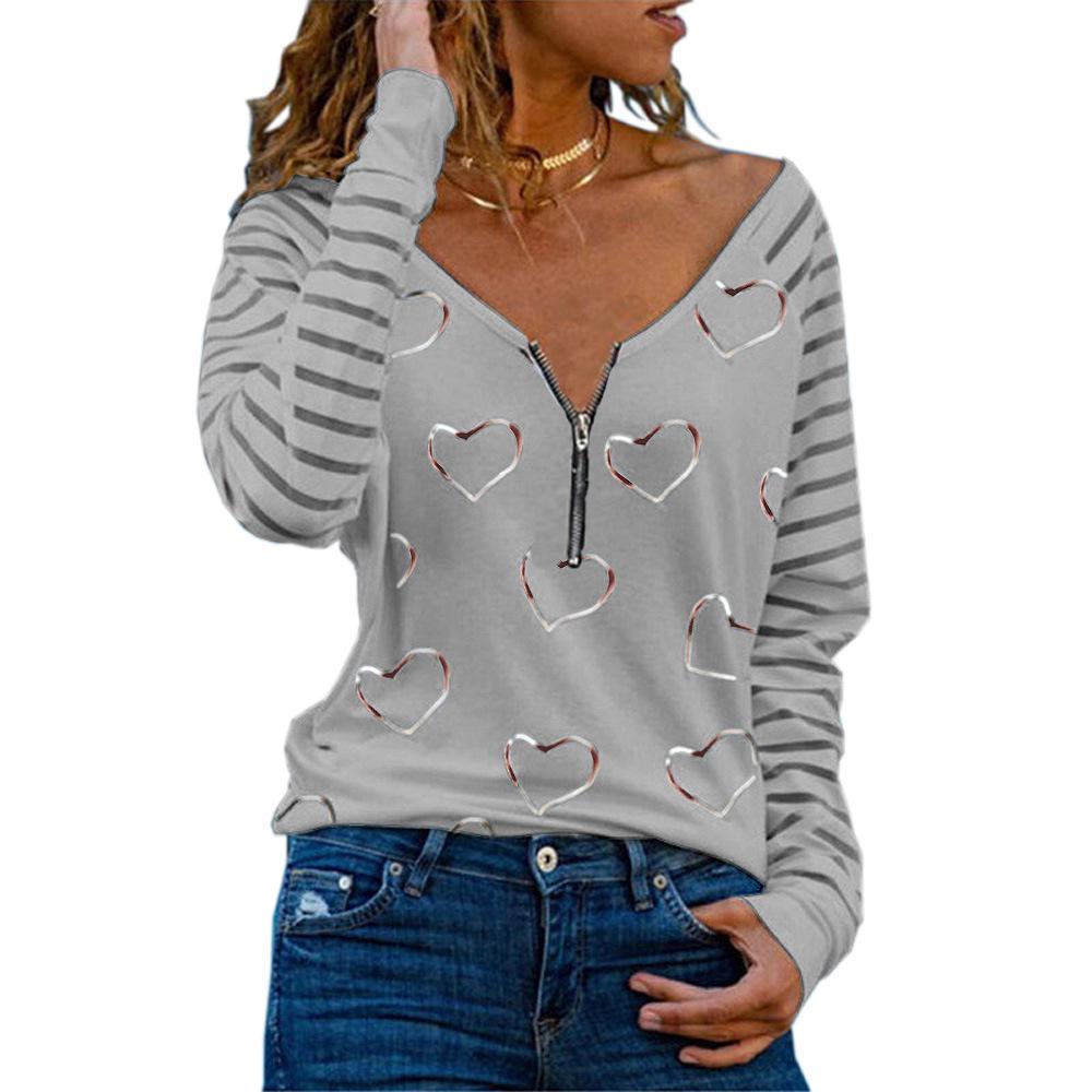 

2023 Best Seller European and American Women s Heart Print Zipper Long Sleeve Top 4XL серый