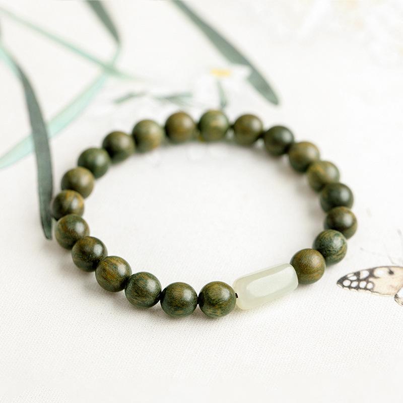 

Natural green sandalwood Buddhist bead bracelet, old material Hetian jade sandalwood bracelet, ethnic jewelry for men and women, Chinese style 8mm Simple Style（Wrist