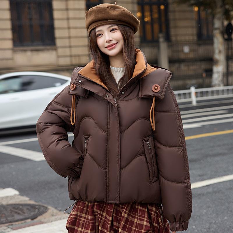 Women’s Short Color Contrast Hooded Windproof Thicken Warm Winter Jacket With Raglan Sleeves