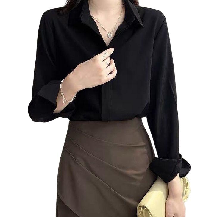 Temperamental Black Chiffon Long Sleeve Blouse - Women's Autumn French Style Professional Top
