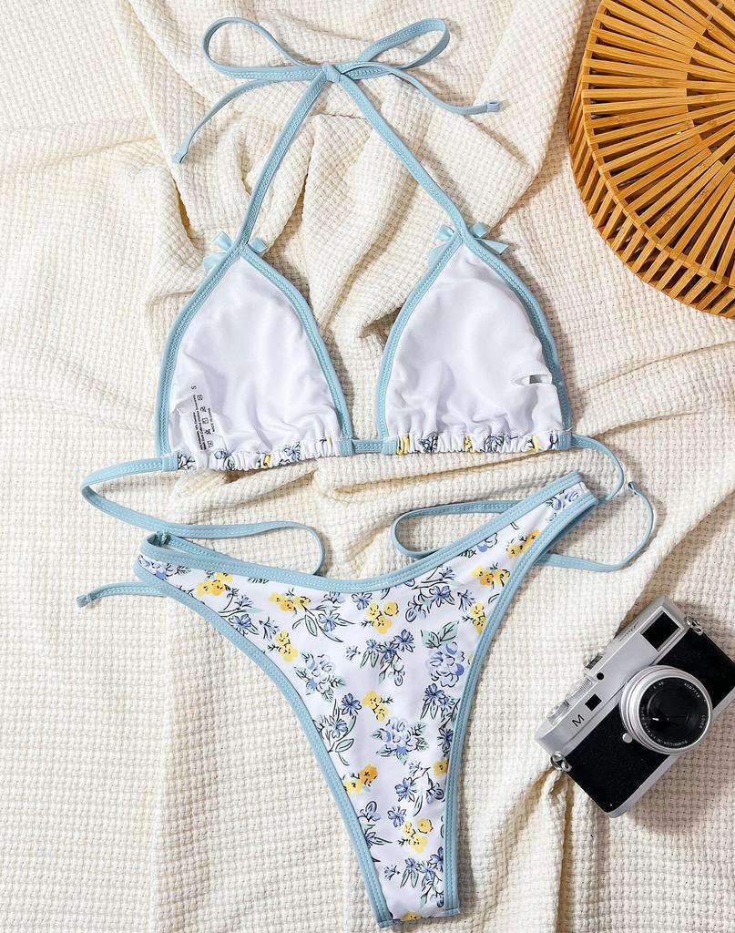 Women's Swimsuit Printed Halter Neck Sash Back Tied Bikini Set Beachwear Bathing Suits