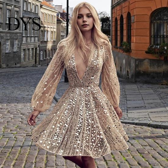Evening Wear Short Dress Deep V Neck Sequin See-through Mesh A-line Mini Women Long Lantern Sleeves Prom Cocktail Party Sparkling Bead Embellished