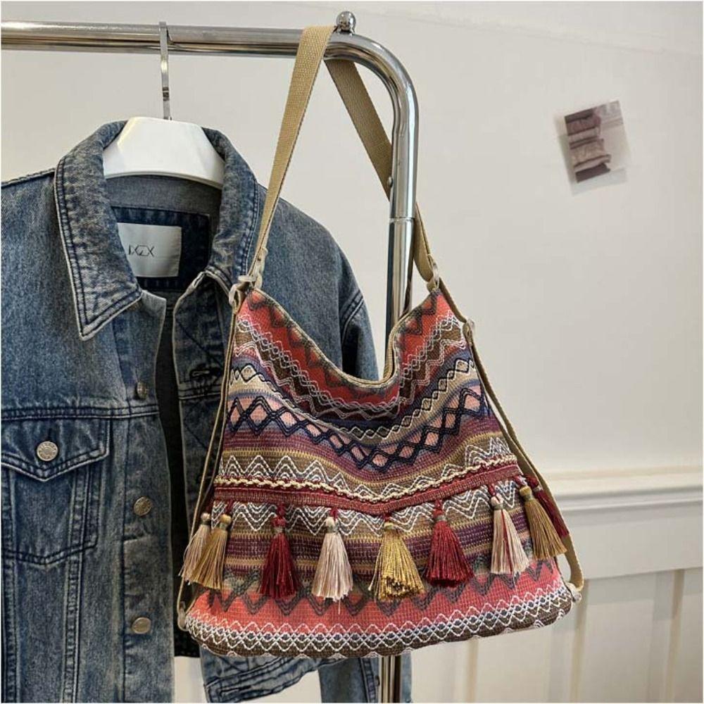 Woven Ethnic Style Backpack Tassel Bohemian Shoulder Bag Portable Fringe Shoulder Bag Outdoor