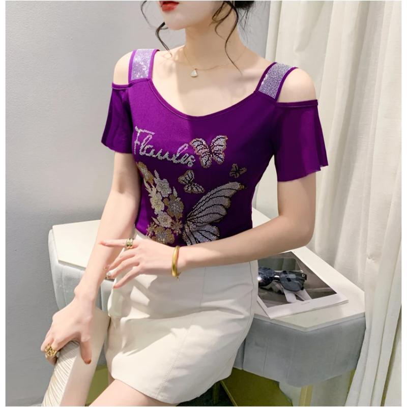 Fashion Women’s Mesh Bling Butterfly T-Shirt Clothes Sexy Off Shoulder Luxury Hot Diamonds Tops Summer Short Sleeve Female Tees Blouse