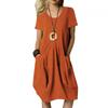 Abito in Cotone e Lino con Maniche a Palloncino e Colore Unito per Abbigliamento Casual Primaverile
