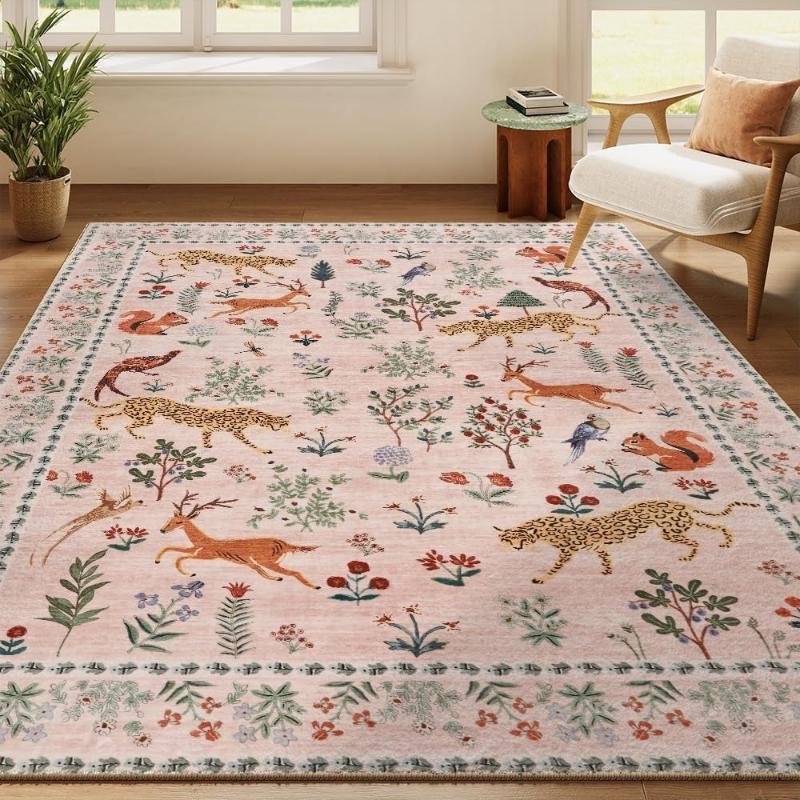 Retro Living Room Carpet Machine Washable Non-slip Floor Mats Pink Animal Printed Rug Bedroom Carpets Large Size Home Decor Rugs