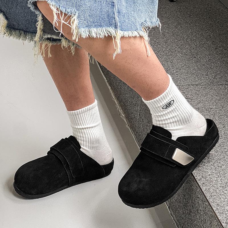 Soft Leather Bag Head Cool Slippers Thick-soled Boken Shoes Men's 2025 New Lazy Fishing Outer Shoes 59901 black-J