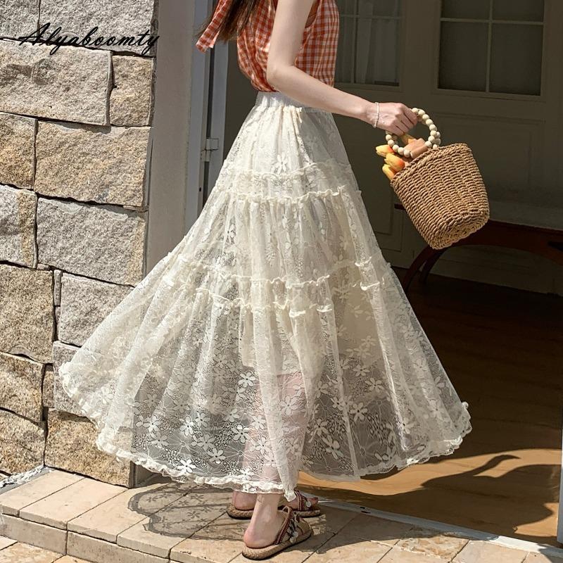 2026 Korean Fashion Spring Summer Women Midi Lace Skirt High Waist Black White Beige Floral Embroidery Skirt Elegant Feminine Tierred Skirts Womens