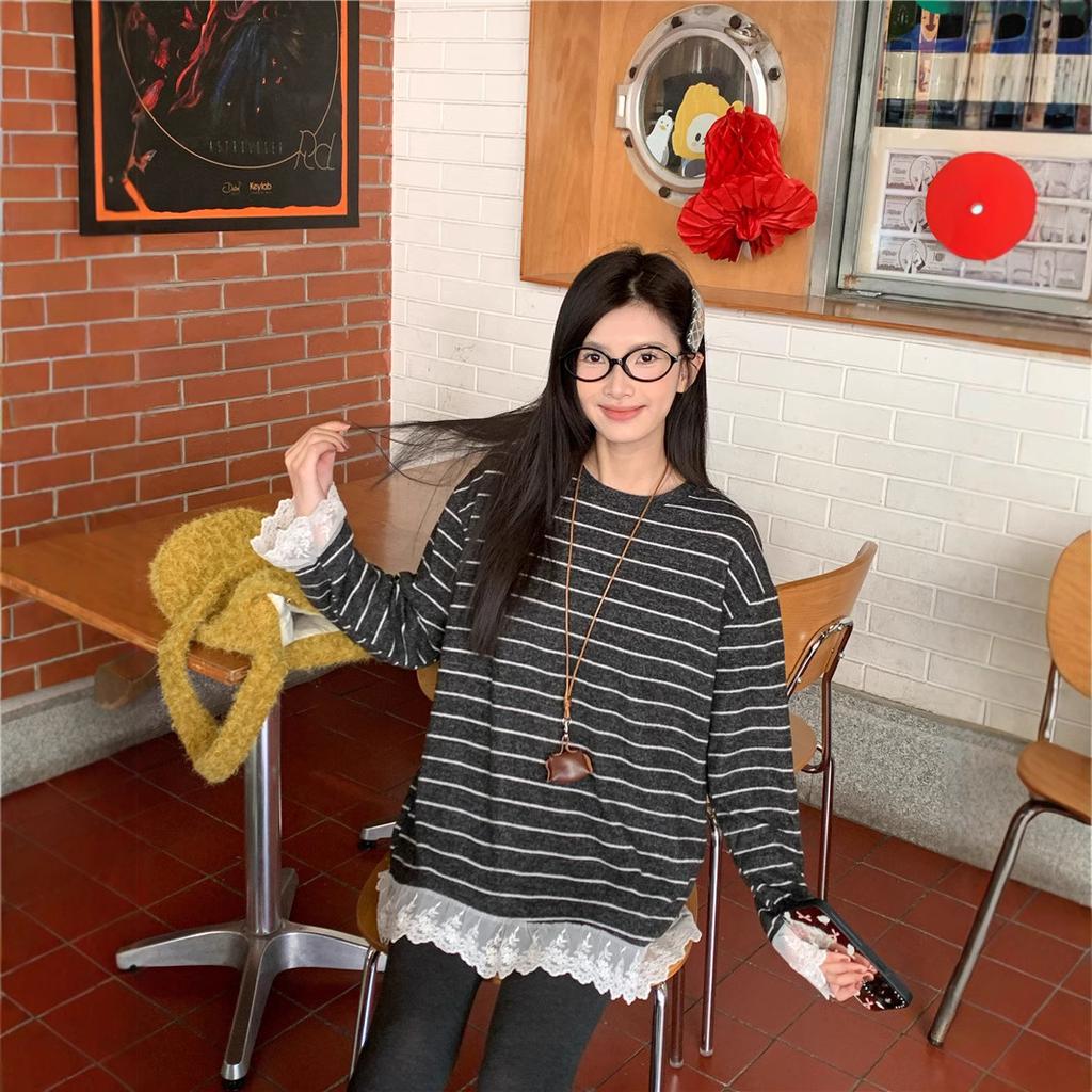 Lace edge splicing gray striped polished long-sleeved t-shirt women's spring lazy style loose inner bottoming shirt top