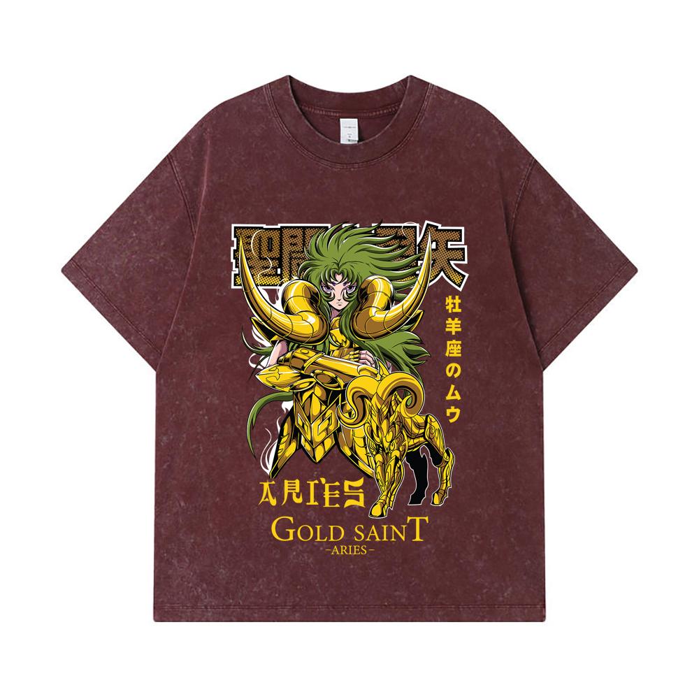 275 GSM Washed T-shirts 100% Cotton Saint Seiya V19 Aries Print Unisex Heavy Cotton T Shirt