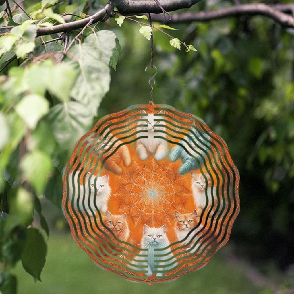 25.4cm Rotating Cat Wind Chime Artistic Metal Garden Decor with Orange and White Cats Perfect Gift for Cat Lovers Year Round Outdoor Hanging Ornament