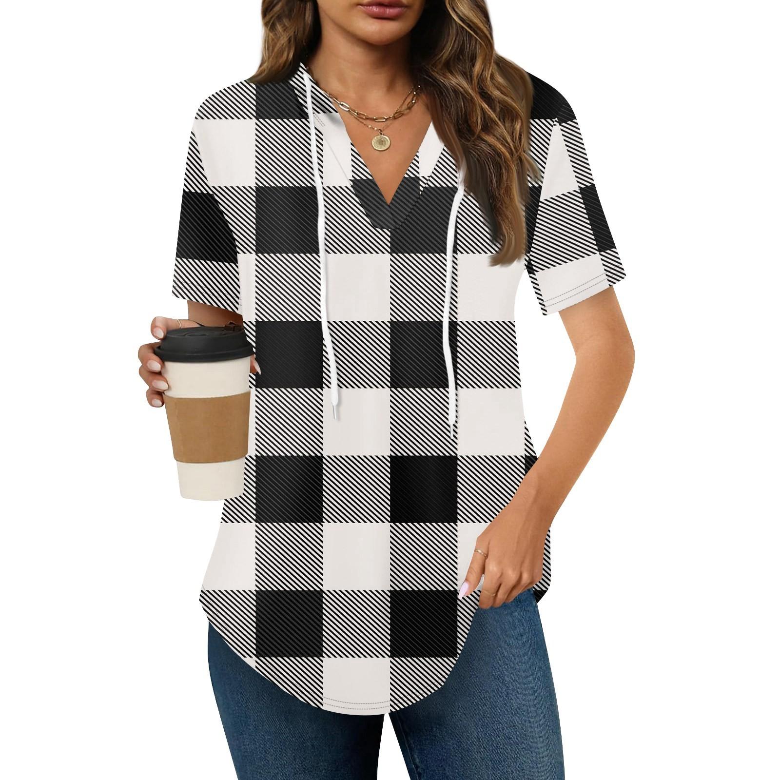 

Женские летние футболки с V-образным вырезом, толстовки с коротким рукавом, туники, повседневные свободные туники, толстовки L чёрный