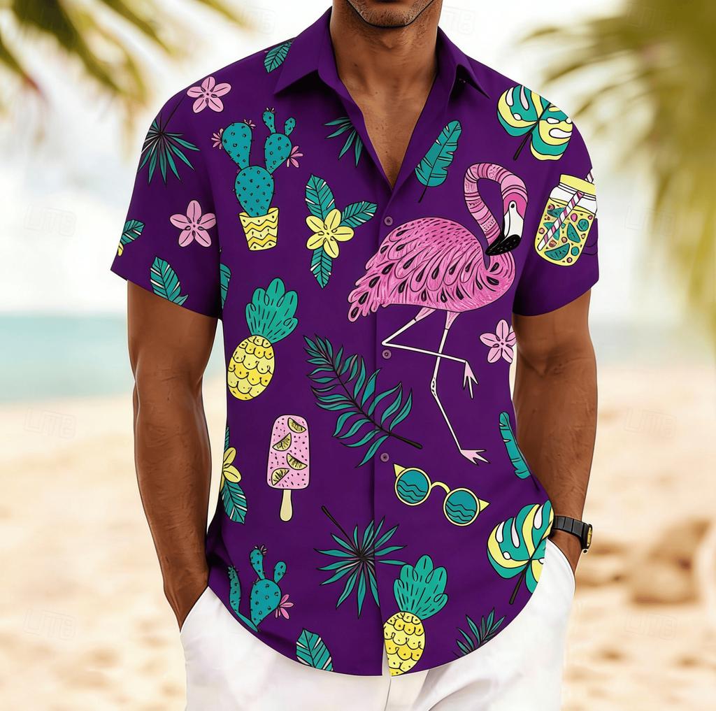 Men's Flamingo Tropical Fruit Print Short Sleeve Shirt, Spring Summer Fun Hawaiian Vacation Blouse, Loose Casual Top