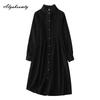 Abito in Velluto a Coste da Donna Autunno Primavera Stile Mori Giapponese Collo Alto Khaki Nero Ampio Oversize Taglie Forti Abito Midi con Patchwork di Pizzo