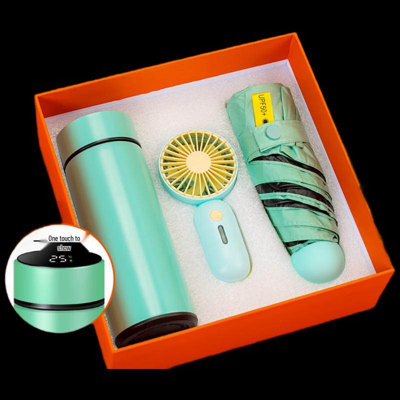 

3-in-1 Temperature Control Thermos, Mini Fan & Pocket Umbrella Gift Set