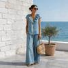 2026 Cross-border European and American romantic French light luxury vacation ruffle V-neck top and loose wide-leg pants set