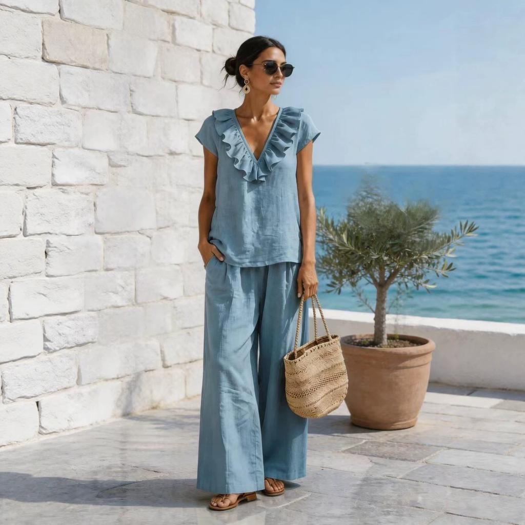 2026 Cross-border European and American romantic French light luxury vacation ruffle V-neck top and loose wide-leg pants set