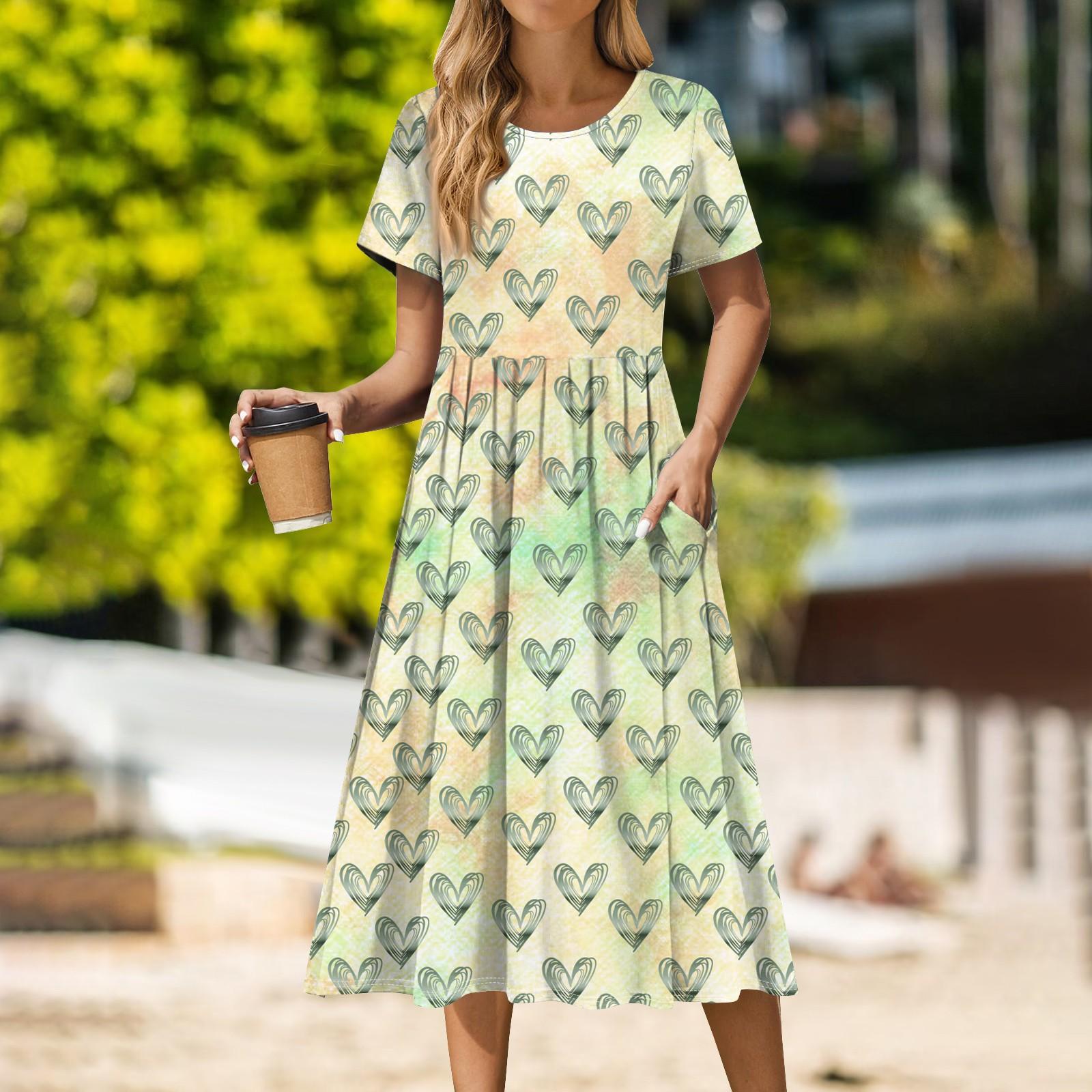 

Жіноча повсякденна міді-сукня з круглим вирізом на День святого Валентина, базова класична для вулиці, на кожен день, з коротким рукавом, вільного крою S жовтий