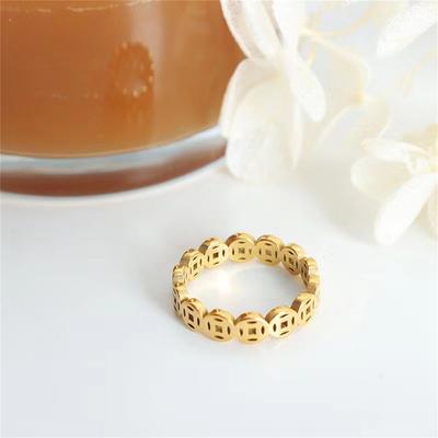New Chinese Style Qian Duoduo Copper Coin Ring Titanium Steel Electroplating Stacked Wearing High-end Ring Female Ins