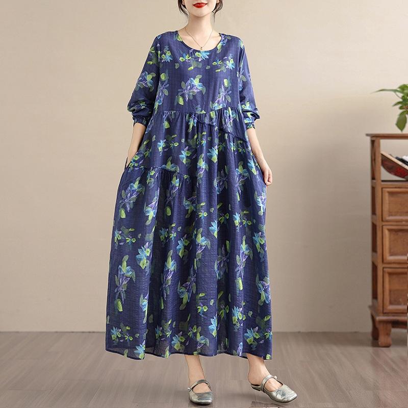 

Платье женское большого размера с длинным рукавом, хлопковое, винтажное, с цветочным принтом, новинка, повседневное, свободное, весенне-летне-осеннее