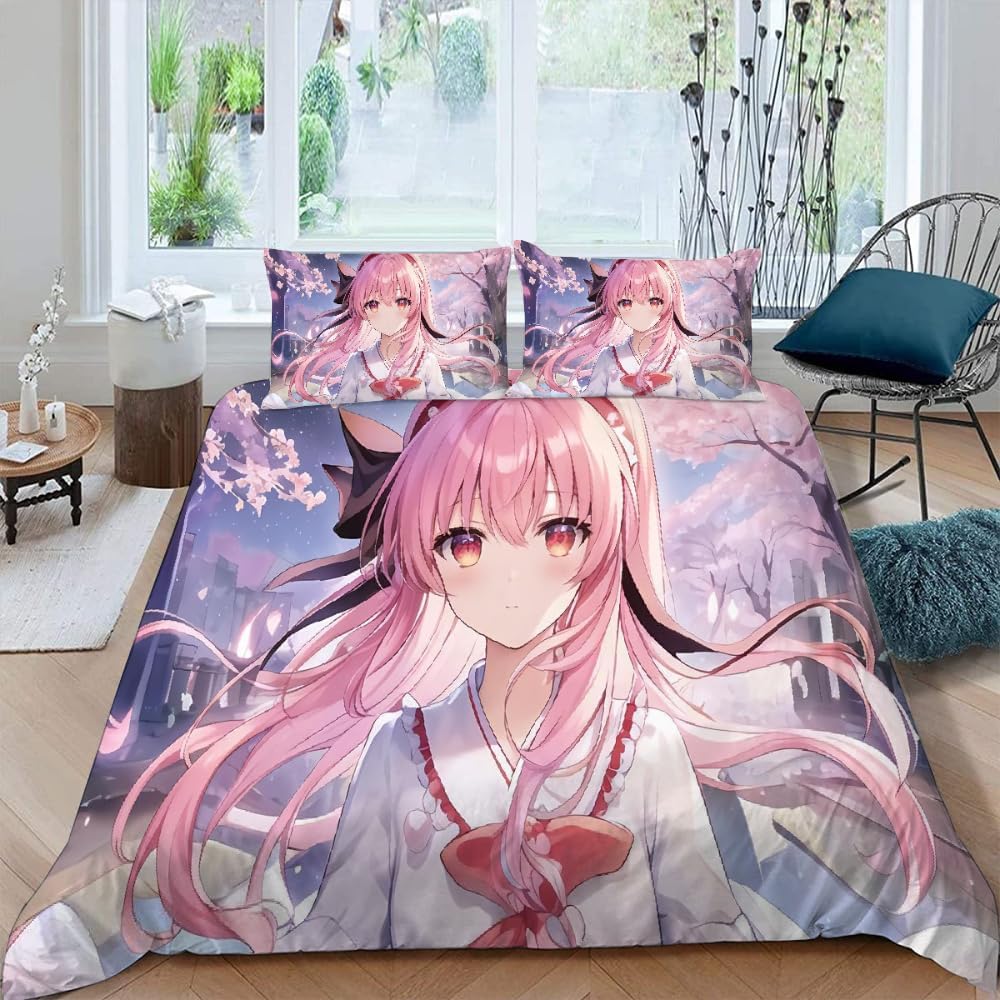 3D Japanese Anime Duvet Cover, Girls Microfiber Quilt Cover with Zipper Closure Bedroom Decor with Pillowcases For Kids Aldults