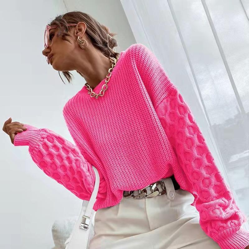 

Осінній новий пуловер з рукавом-ліхтариком В’язаний светр Жіноча мода Зимовий светр з круглим вирізом Жіночий одяг Однотонний вільний трикотаж для офісних жінок 24593 One Size рожевий червоний колір