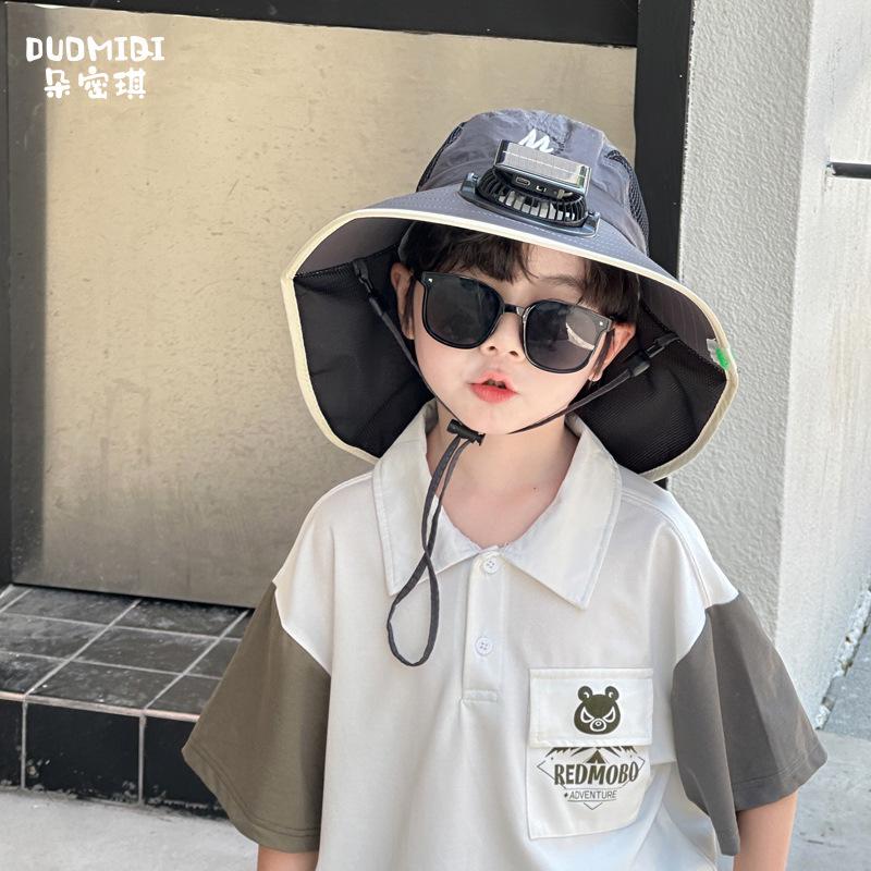 Children s Summer Solar-Powered Fan Charging Hat for Boys and Girls, Sunshade Shawl with Large Brim for Outdoor Sun Protection Gray M