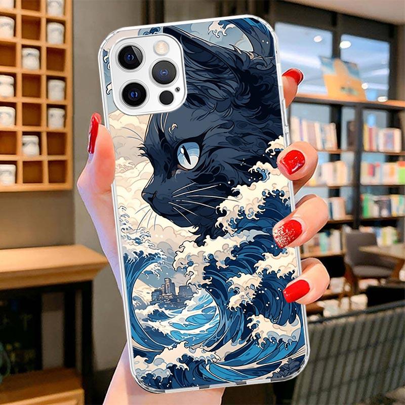 Anime Cat Sea Wave Aesthetic Cover Phone Case For iPhone 16 17 Air 15 14 Pro Max 16E Phone Case 13 Mini 12 11 7 SE 8 Print Patte