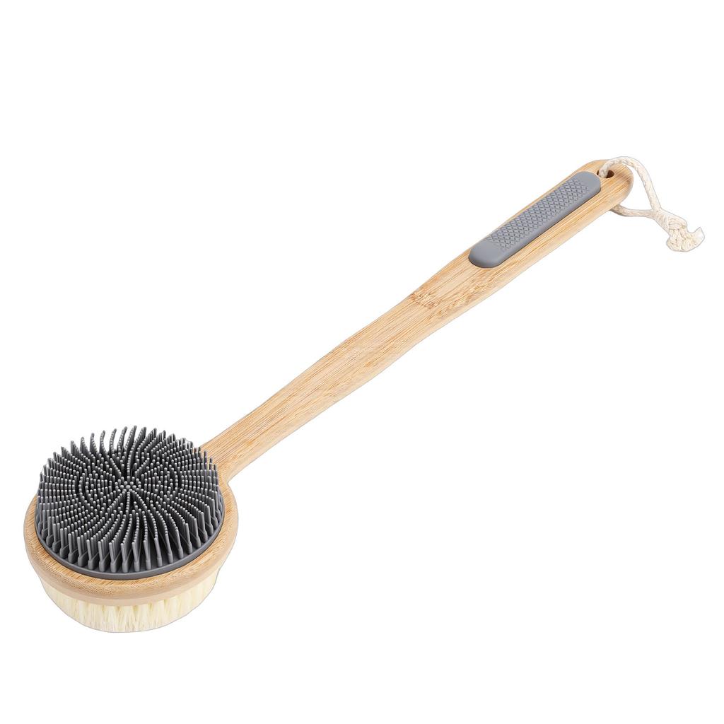 Double Sided Shower Brush Long Handle Exfoliating Dry Wet Use Nylon Silicone Bath Body Brush Pink