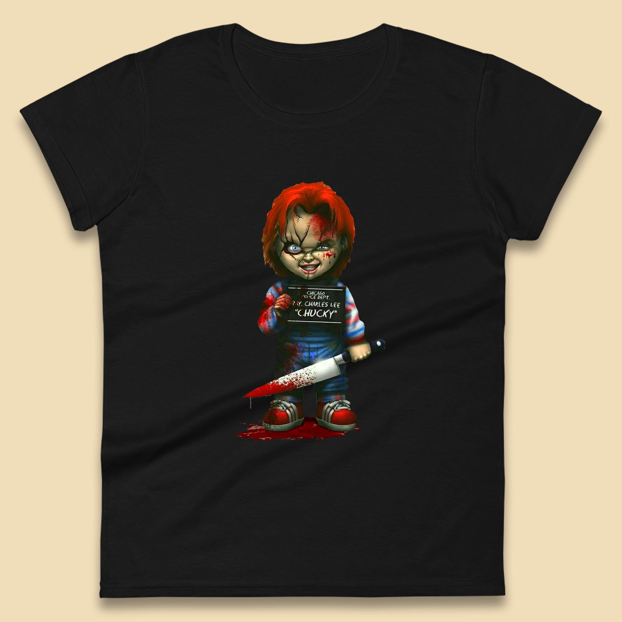 Chucky Mug Shot Chicago Police Dept Ray Charles Lee Chucky Halloween Horror Movie Womens Tee T Shirt Mens Tops Unisex Top 4XL